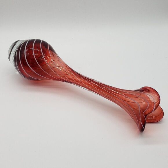 Vintage Esborg, Denmark 1970s Red Cranberry White Swirl Art Glass Vase - Picture 6 of 13
